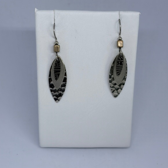 Dangle Earrings Vintage Mixed Metal Hammered Leaf Boho Artisan Two Tone Drop - Picture 2 of 5